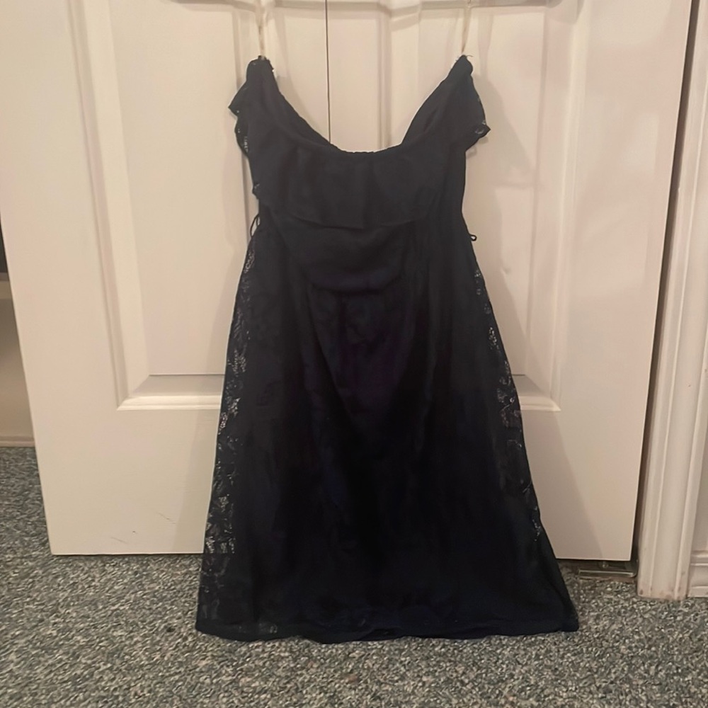 Navy lace overlay strapless dress